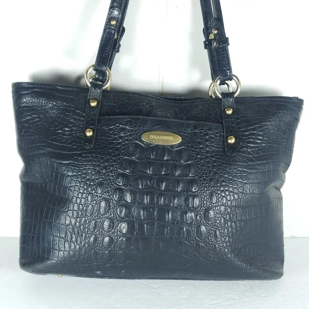 BRAHMIN Asher Medium Black Croc Embossed Melbourne Leather Tote bag